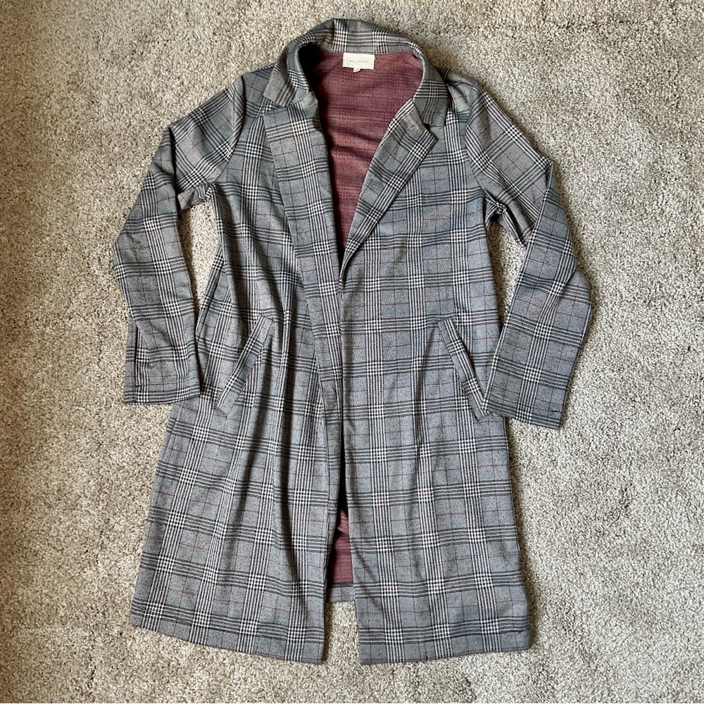 MELLODAY women’s plaid Gray Checkered winter Trench Coat pockets - size small